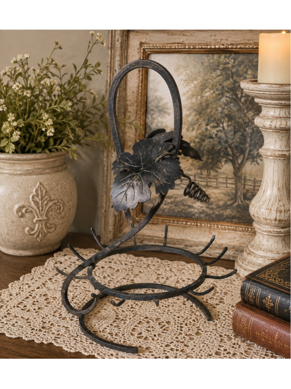 1990's Rustic Metal Grape Leaf Basket Holder Countertop Decor